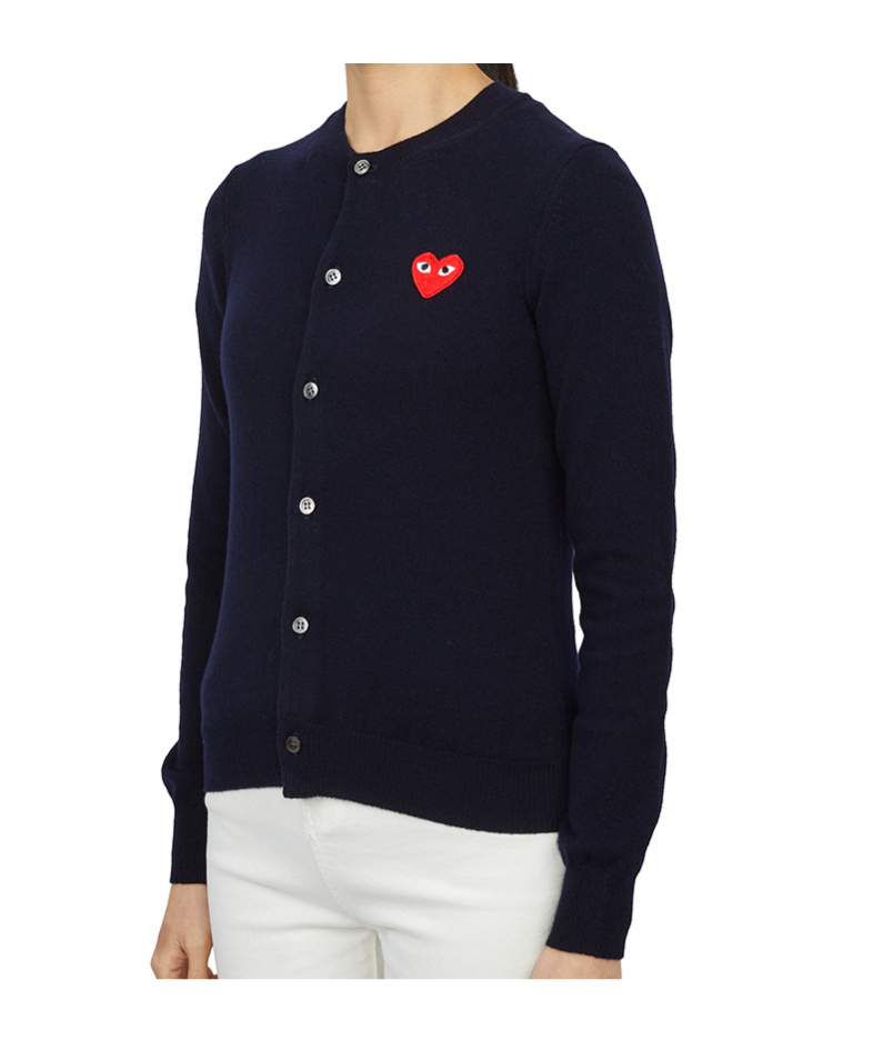 Comme Des Garçons Play Ladies Navy Long Sleeve Logo Cardigan In Blue