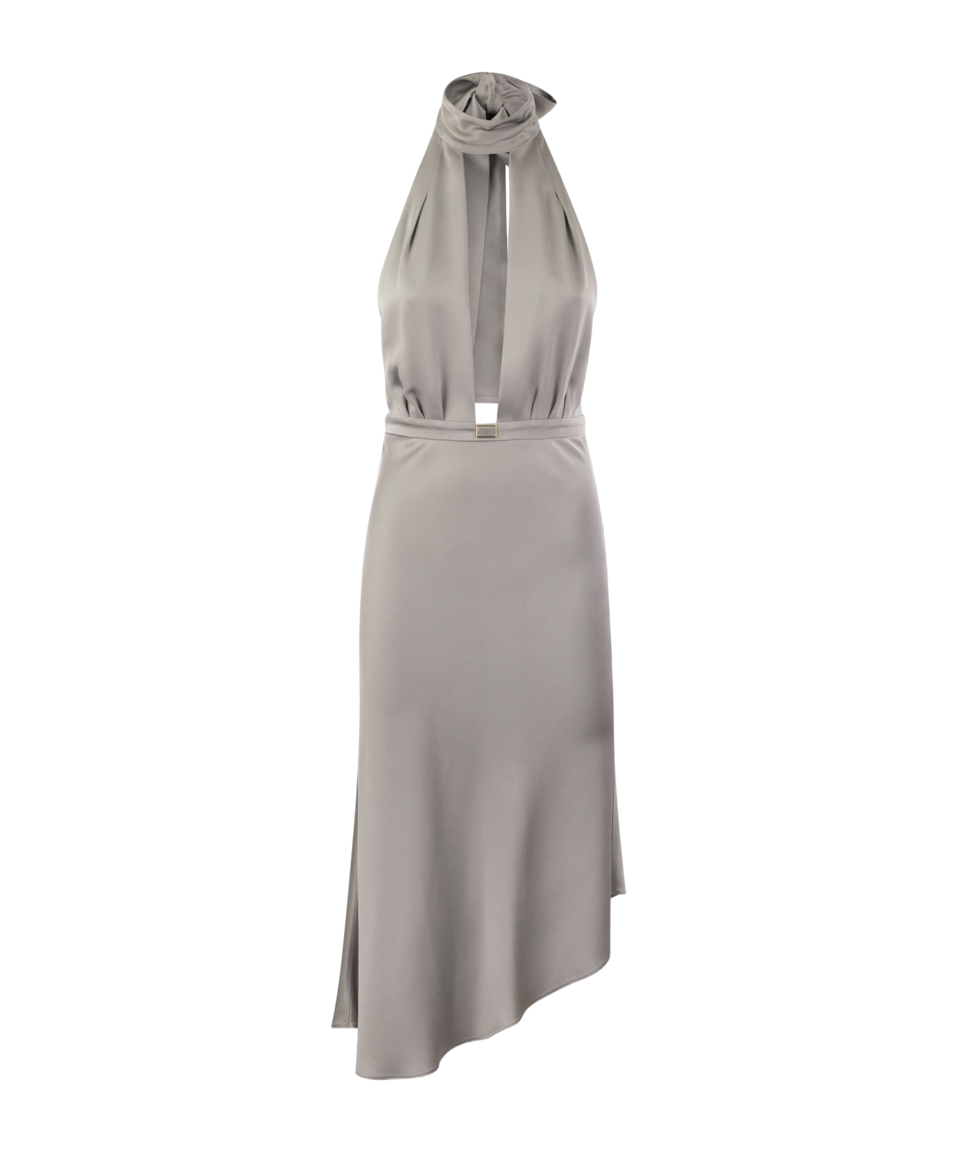 Elisabetta Franchi Satin Midi Dress With Asymmetric Skirt In Gray