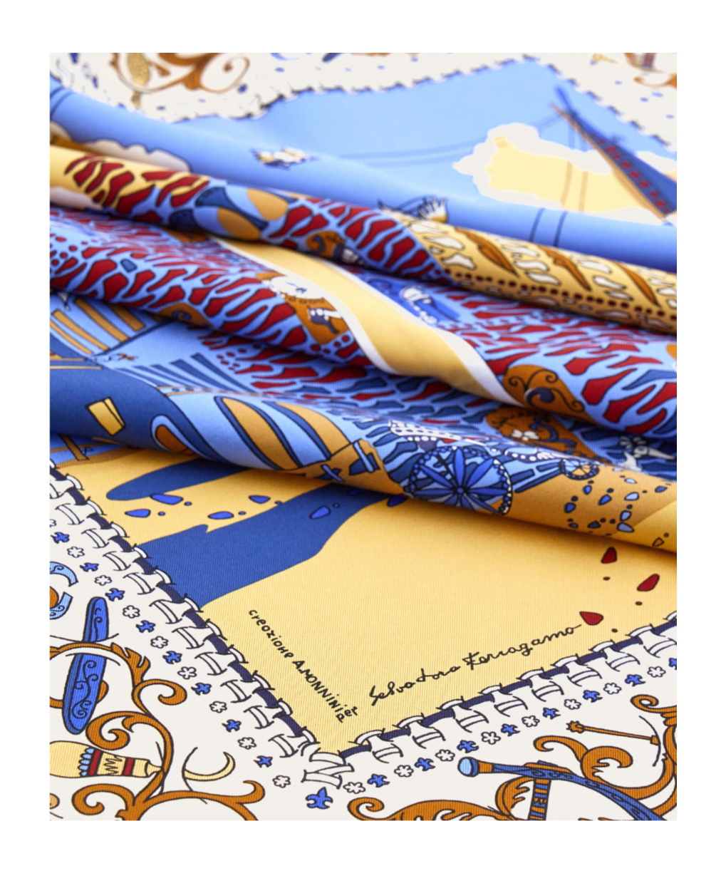 Ferragamo Printed Silk Scarf In Blue
