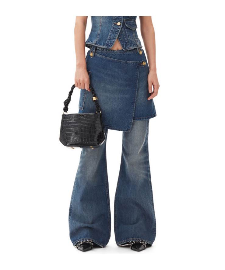 Ganni Dark Blue Heavy Washed Flared Skirt Jeans In Blue