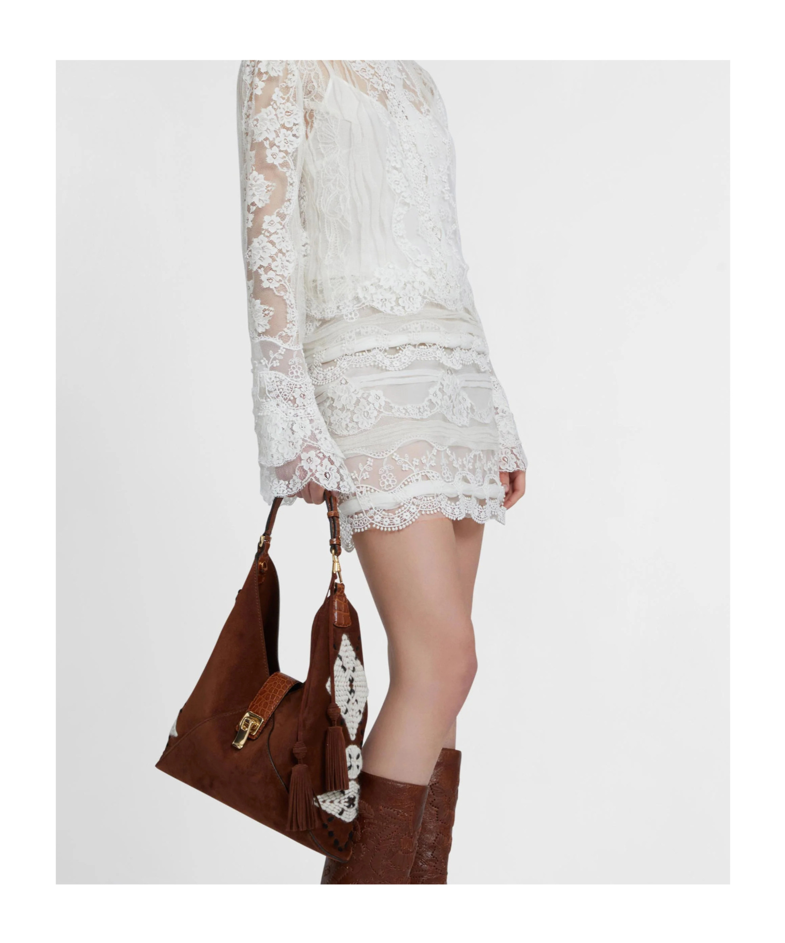 Ermanno Scervino Miniskirt In Patchwork Of Lace And Georgette In White