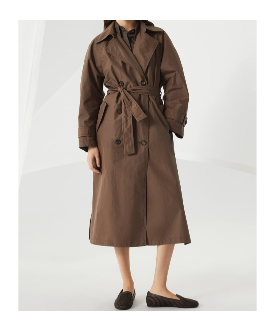 Brunello Cucinelli Brown Water-resistant Taffeta Shiny Details Trench Coat In Brown