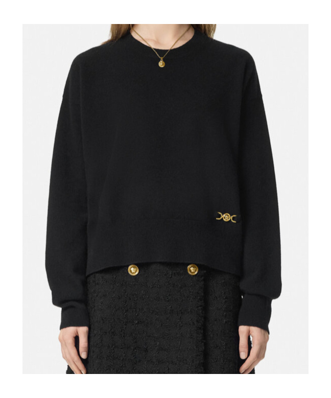 Versace Knitted Short Wide Wool Pullover In Black
