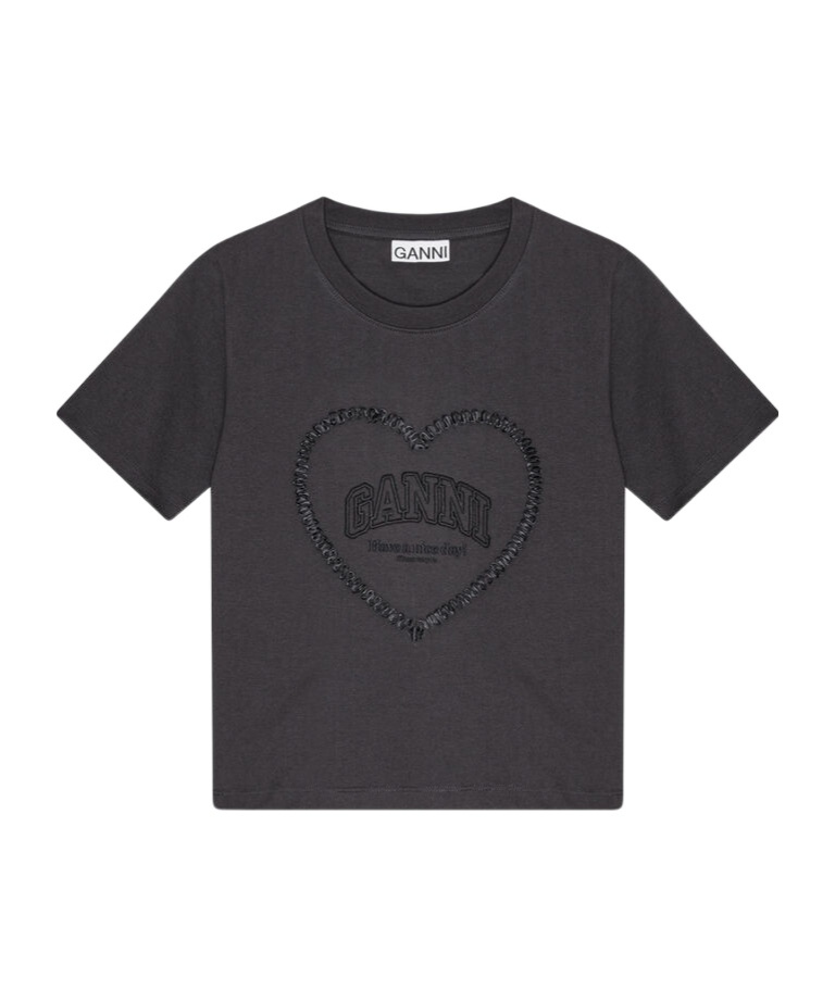 Ganni Crewneck Embroidered Phantom T-shirt In Black