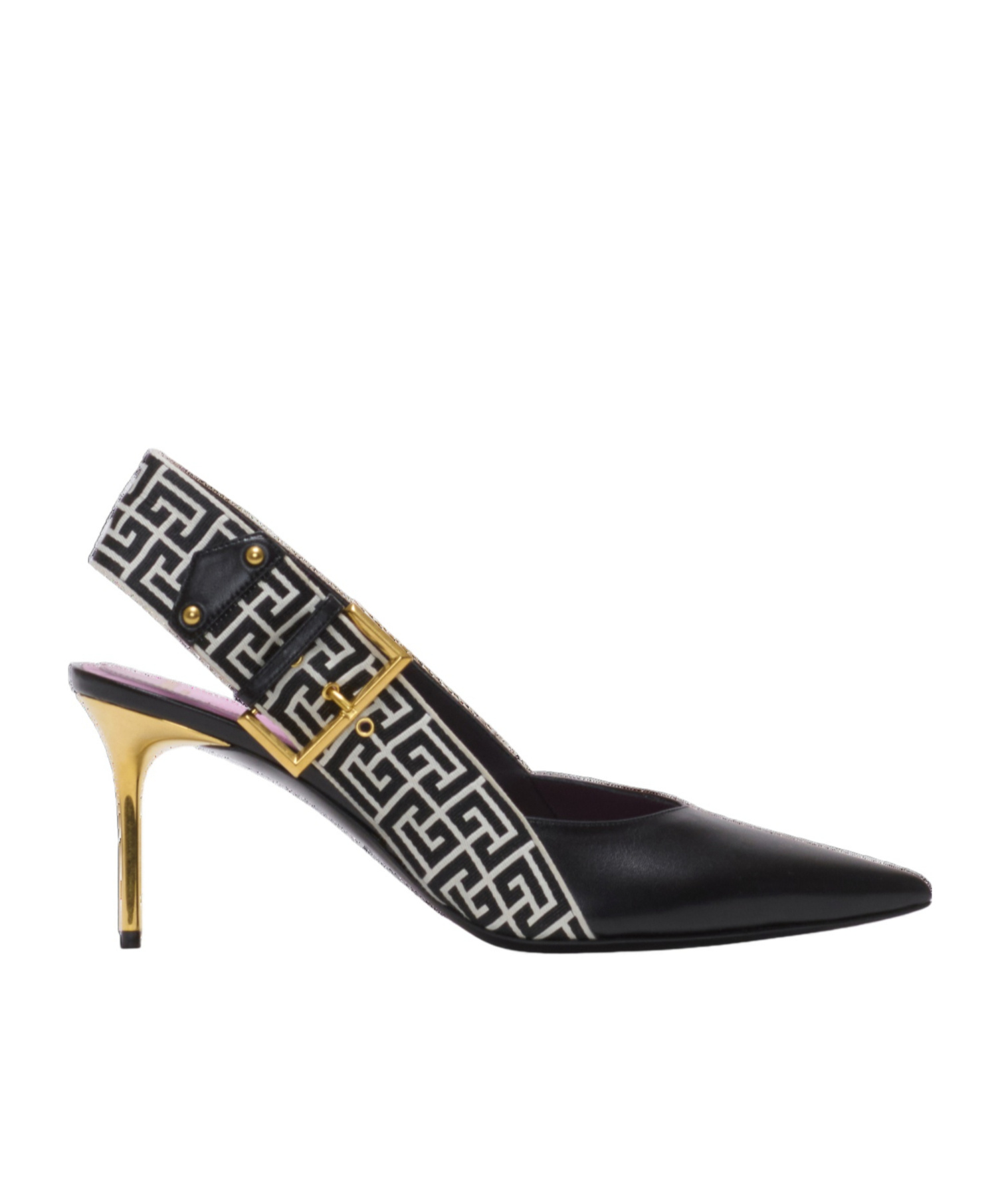 Balmain Ruby Stiletto Slingbacks In Calfskin And Pb Labyrinth Canvas In Black