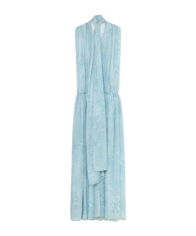 Blumarine Printed Chiffon Long Dress In Light Blue