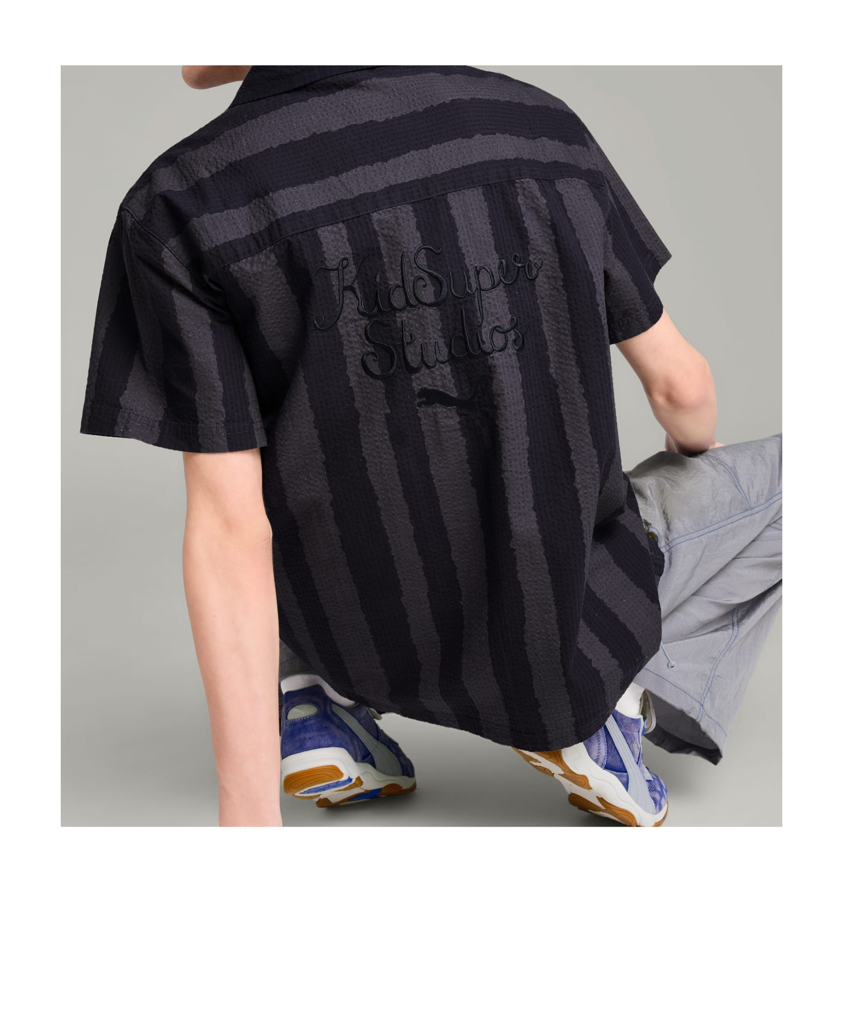Puma X Kidsuper Stripe Cotton Seersucker Camp Shirt In Navy Blue