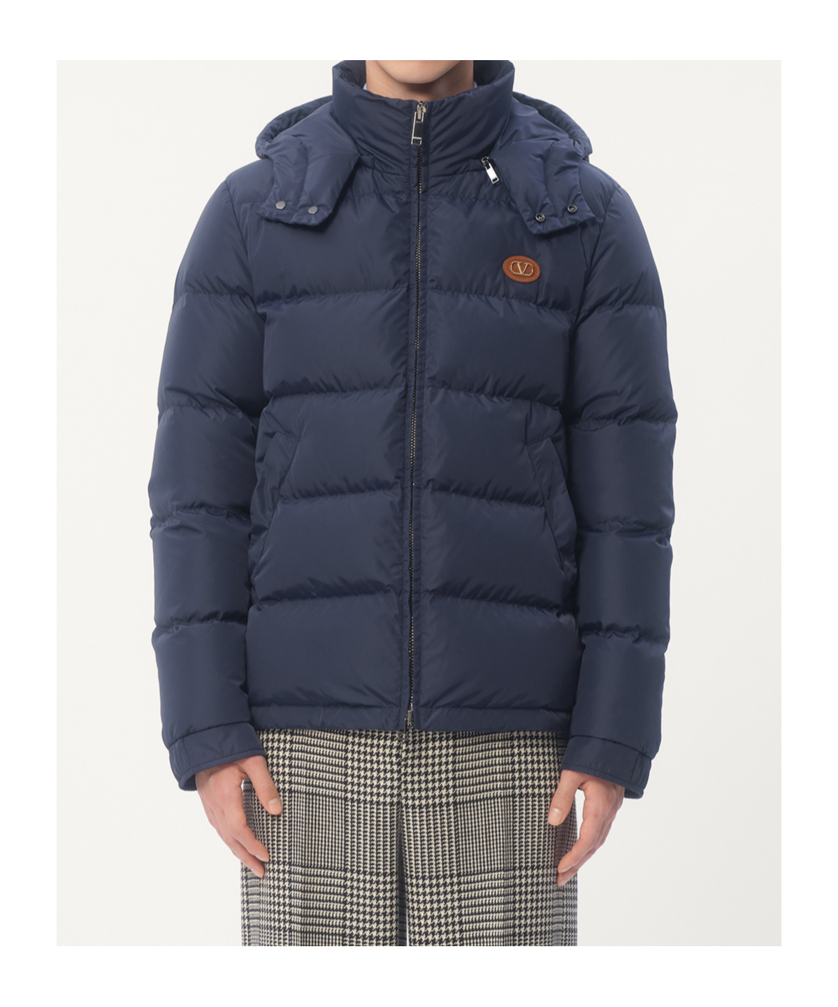 Valentino Nylon Hooded Down Jacket With Vlogo Patch In Blue