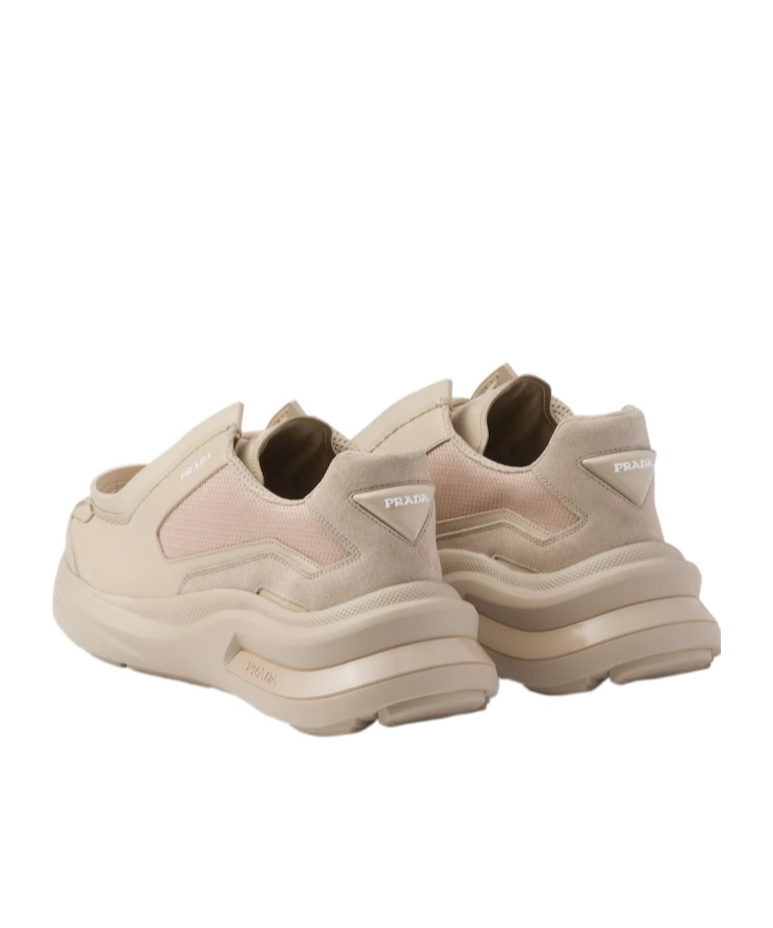 Prada Systeme Brushed Leather Sneakers With Bike Fabric And Suede Elements In Nude