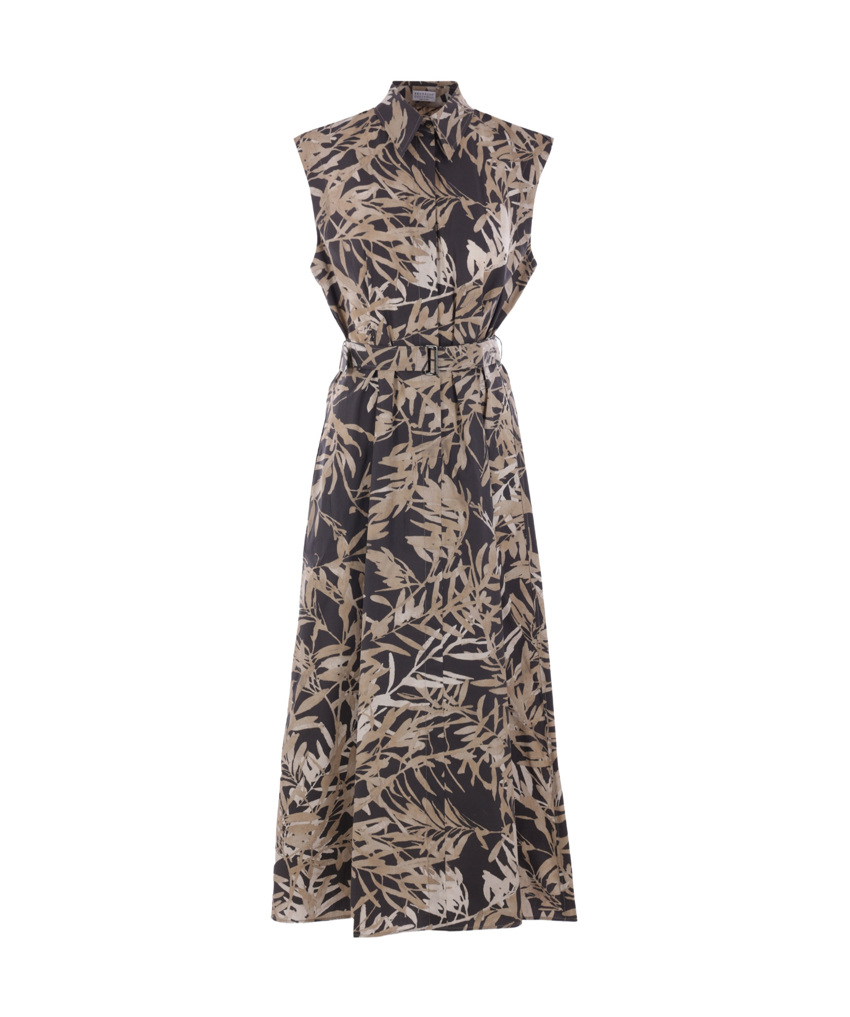 Brunello Cucinelli Leaf-print Sleeveless Cotton Dress In Black