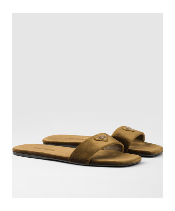 Shop Prada Flat Velvet Slides In Oak