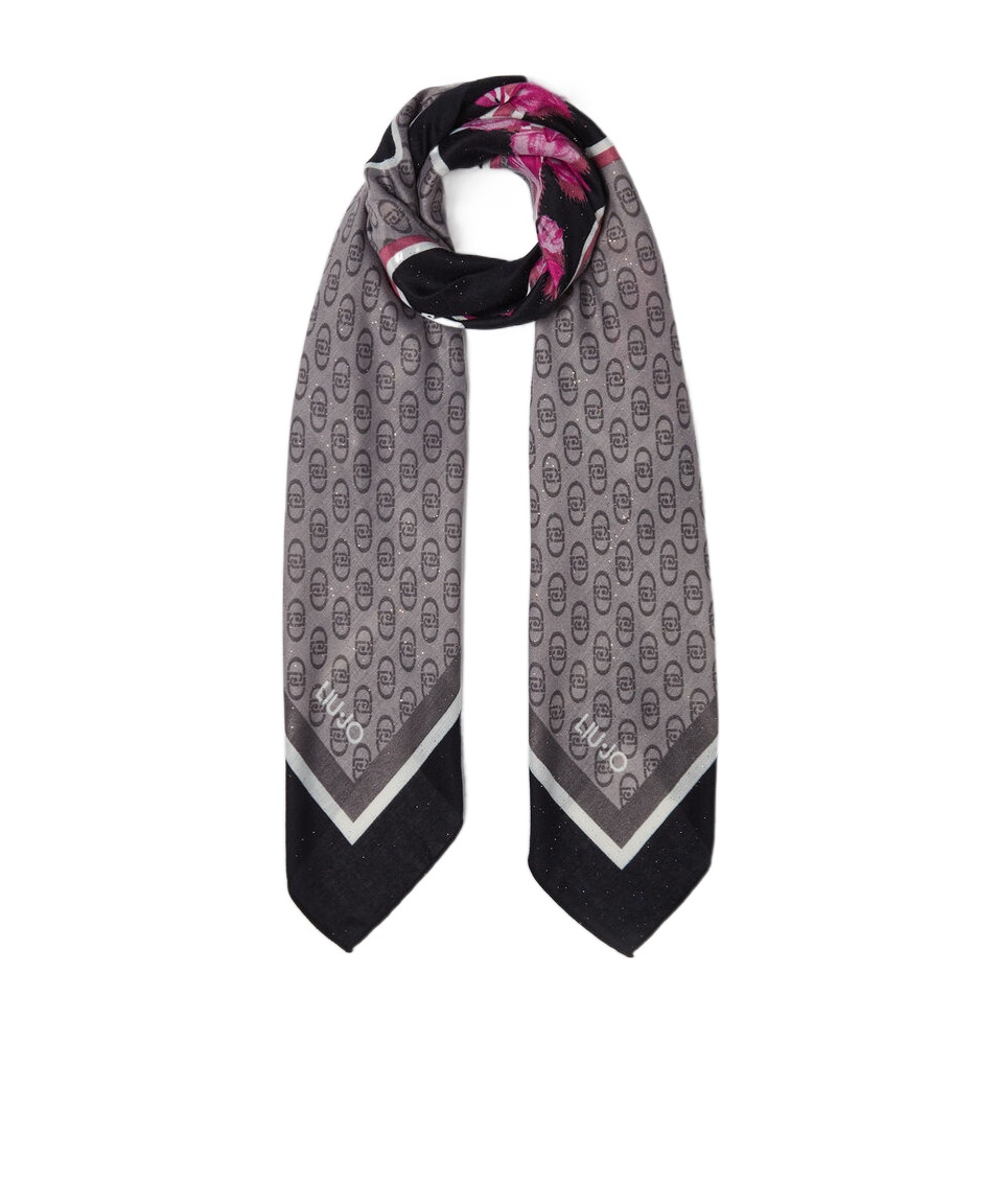 Liu •jo Floral Print And Logo Scarf In Gray