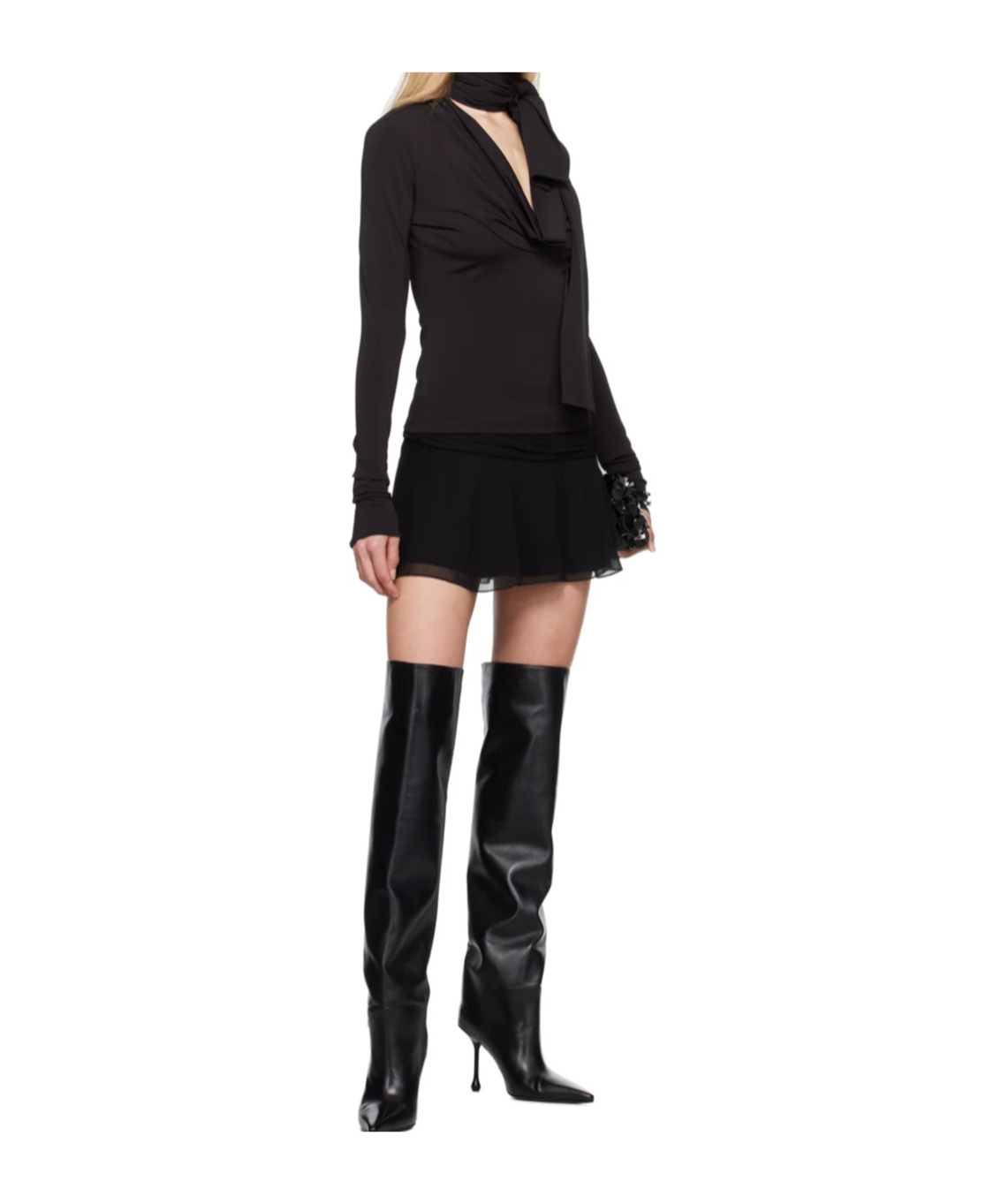 Blumarine Gathered-tie Long-sleeved Top In Black