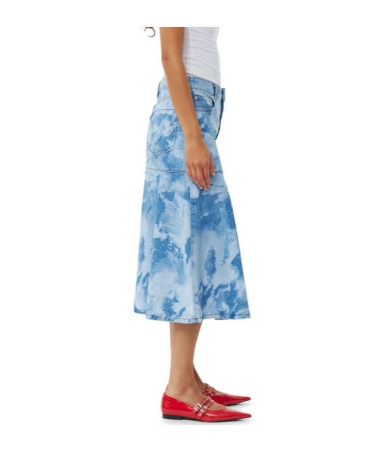 Ganni Blue Bleach Denim Flounce Midi Skirt In Blue