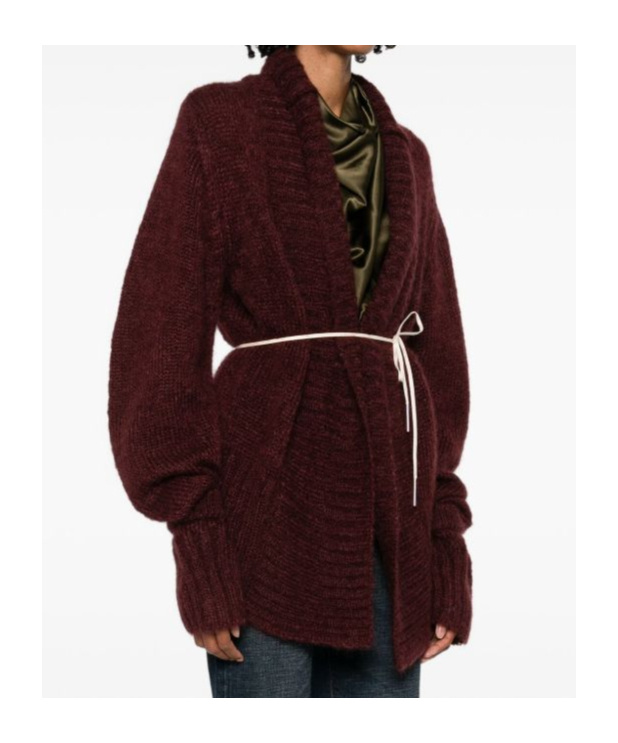 Dries Van Noten Open Front Chunky Knit Cardigan With Belt In Burgundy