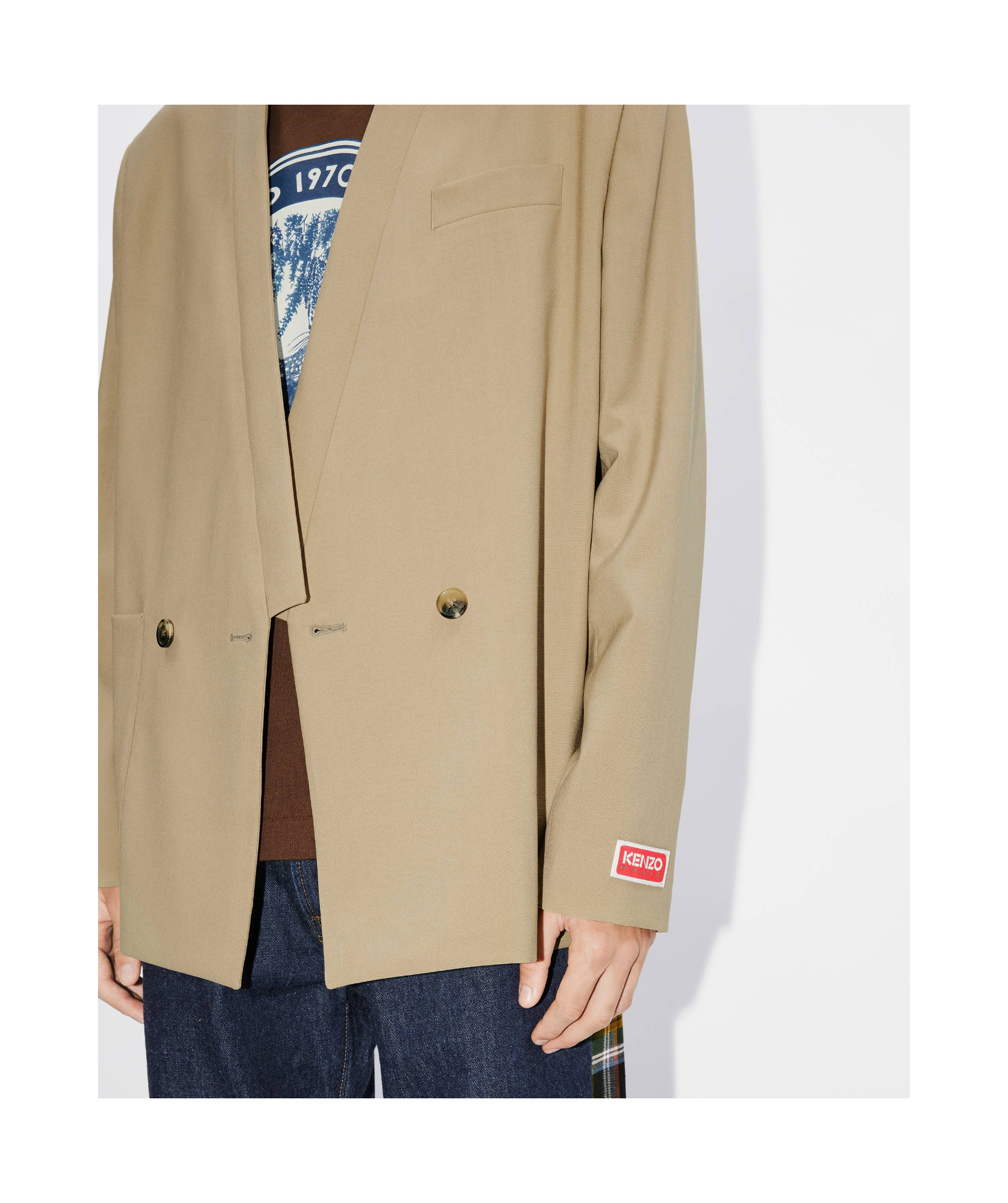 Kenzo Collarless Double-breasted Wool Blazer In Nude