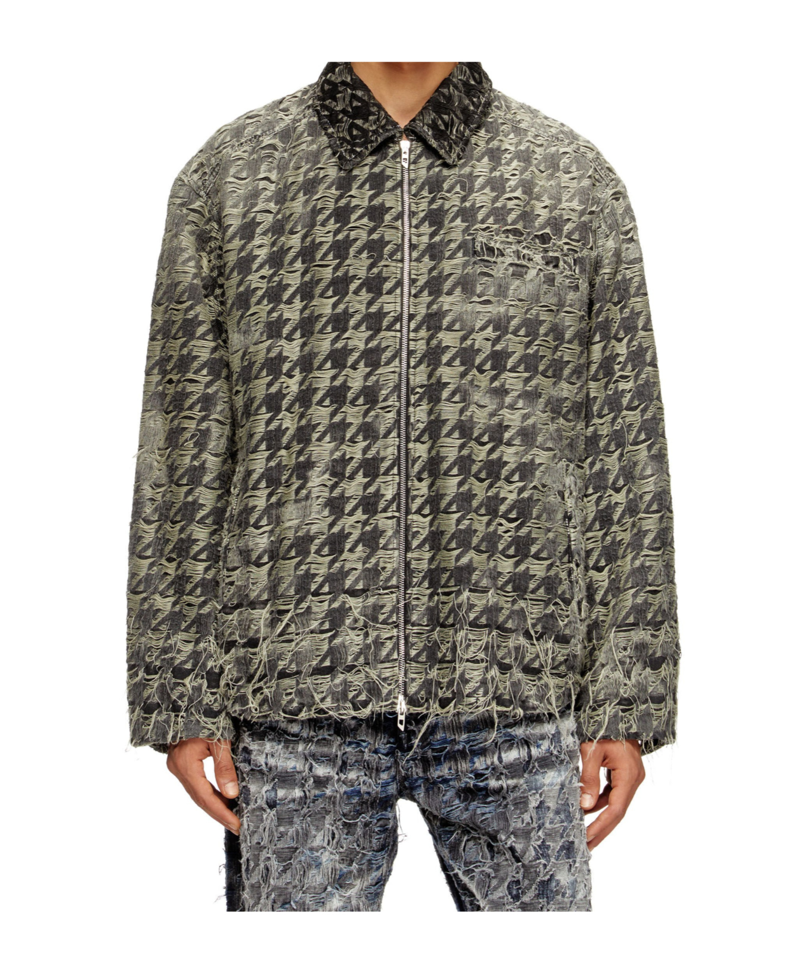 Diesel Houndstooth Blazer With Frayed Edges And Pocket In Black