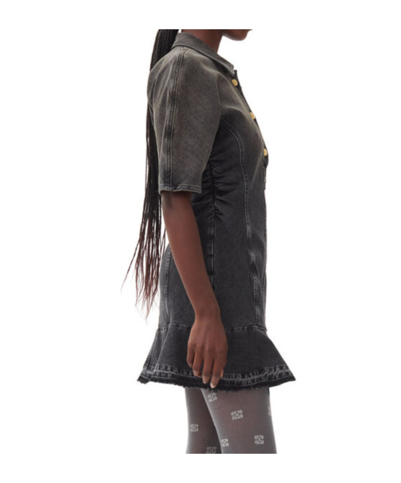 Ganni Ruched Side Fitted Dress With Short Sleeves In Black