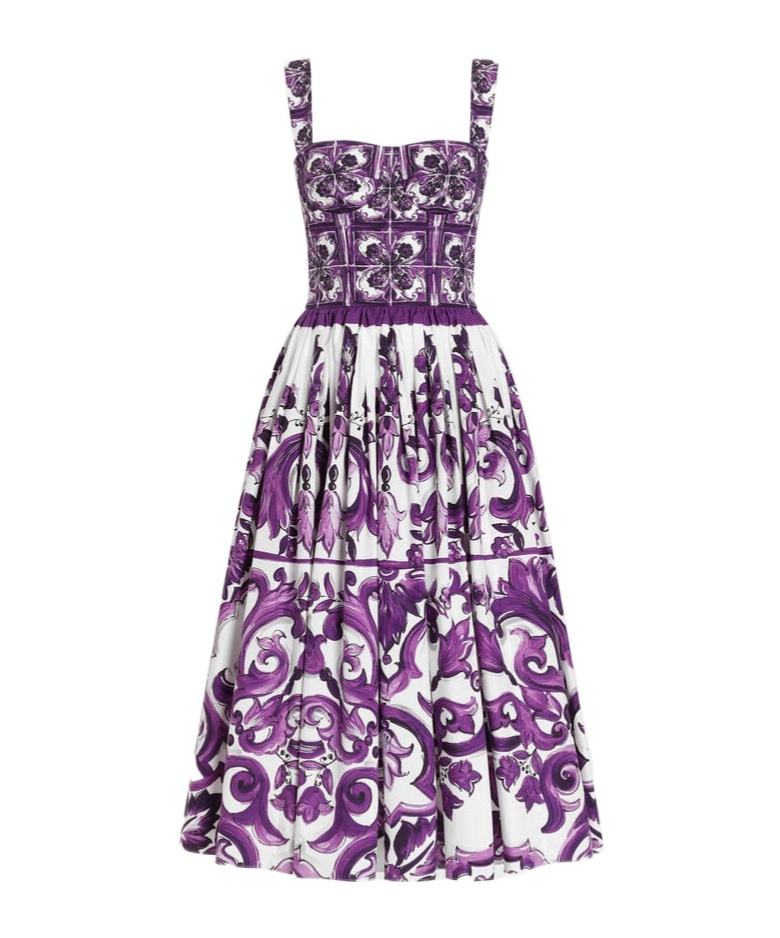 Dolce & Gabbana Women Cotton Midi Dress With Maiolica Print In Purple