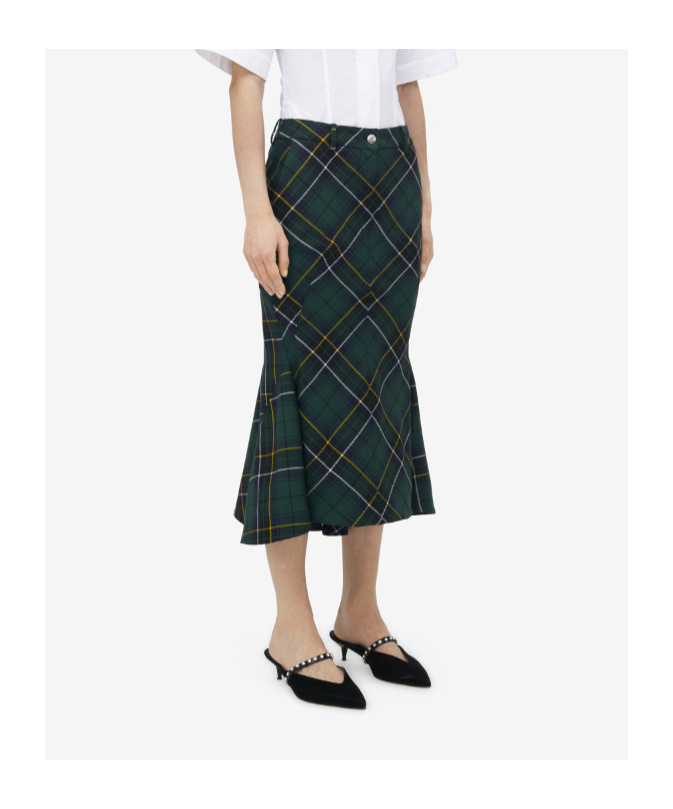 Alexander Mcqueen Wool Tartan Flared Skirt With Belt Loops In Green