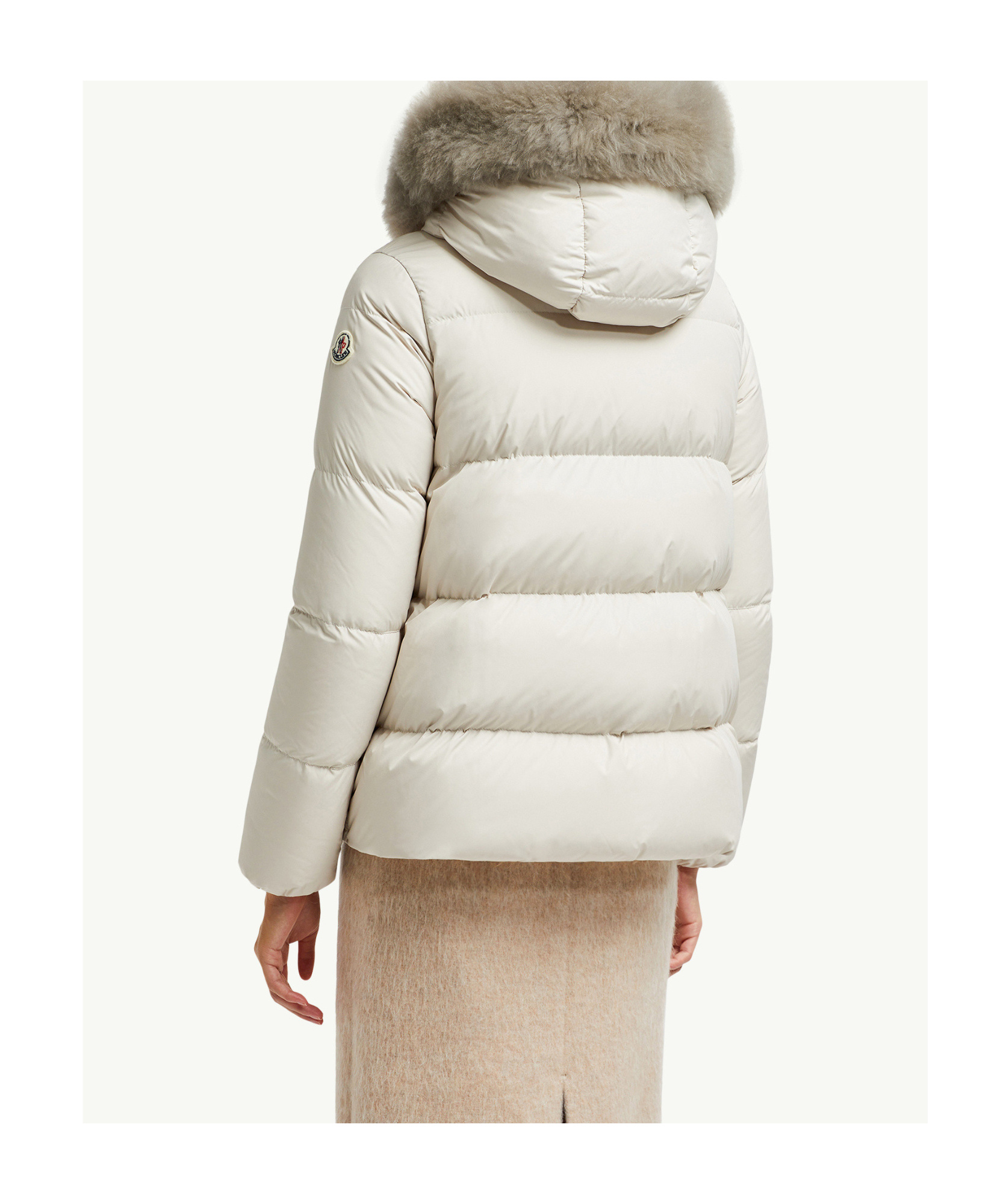 Moncler Laichefur Hooded Shearling-trimmed Short Down Jacket In White