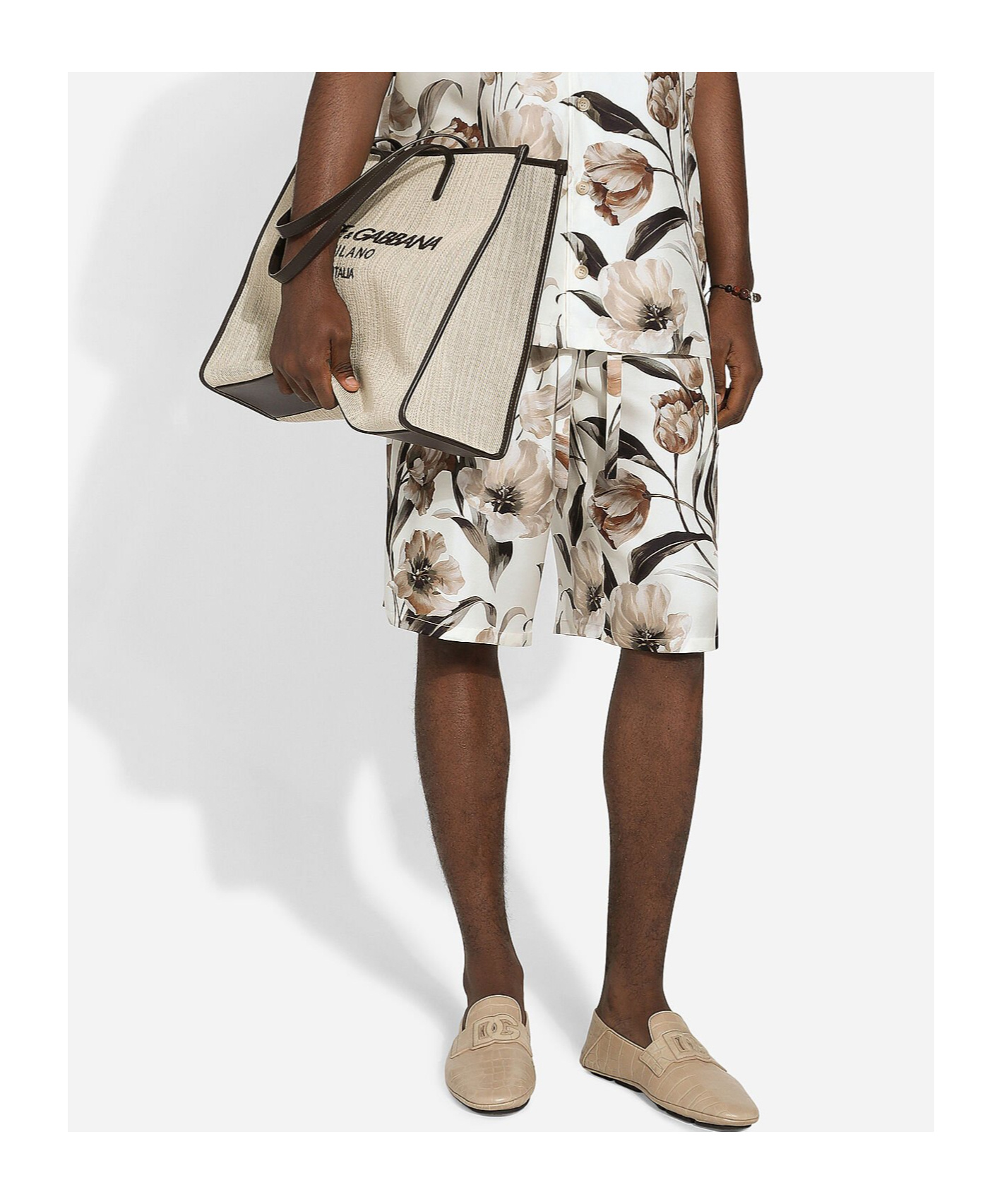 Dolce & Gabbana Beige Bermuda Short With Flower Print In Silk Twill In White