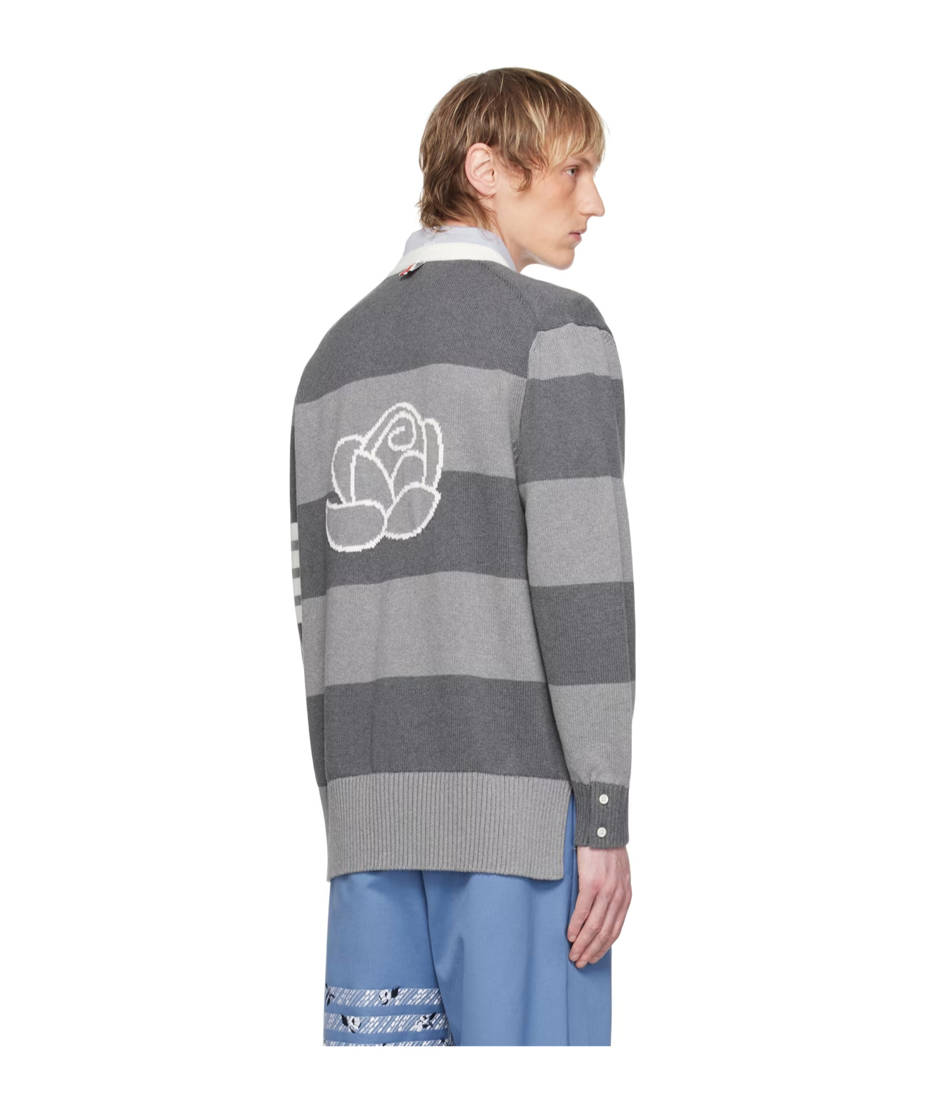 Thom Browne Patterned-intarsia Striped Cardigan In Gray