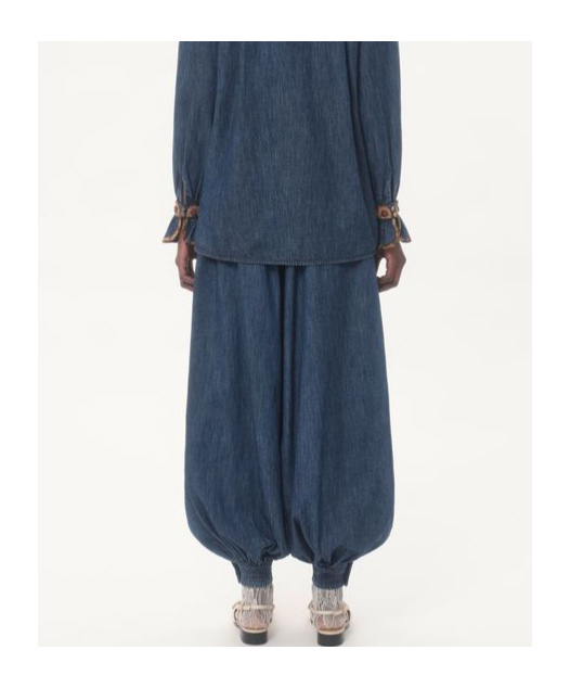 Valentino Tasseled Embroidered Chambray Tapered Pants In Blue