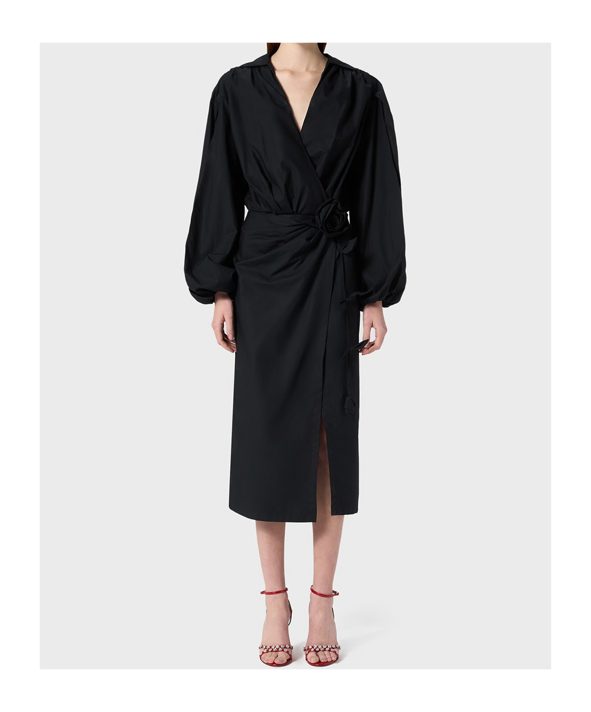 Blumarine Long Sleeve Wrap Dress With Floral Embellishment In Black