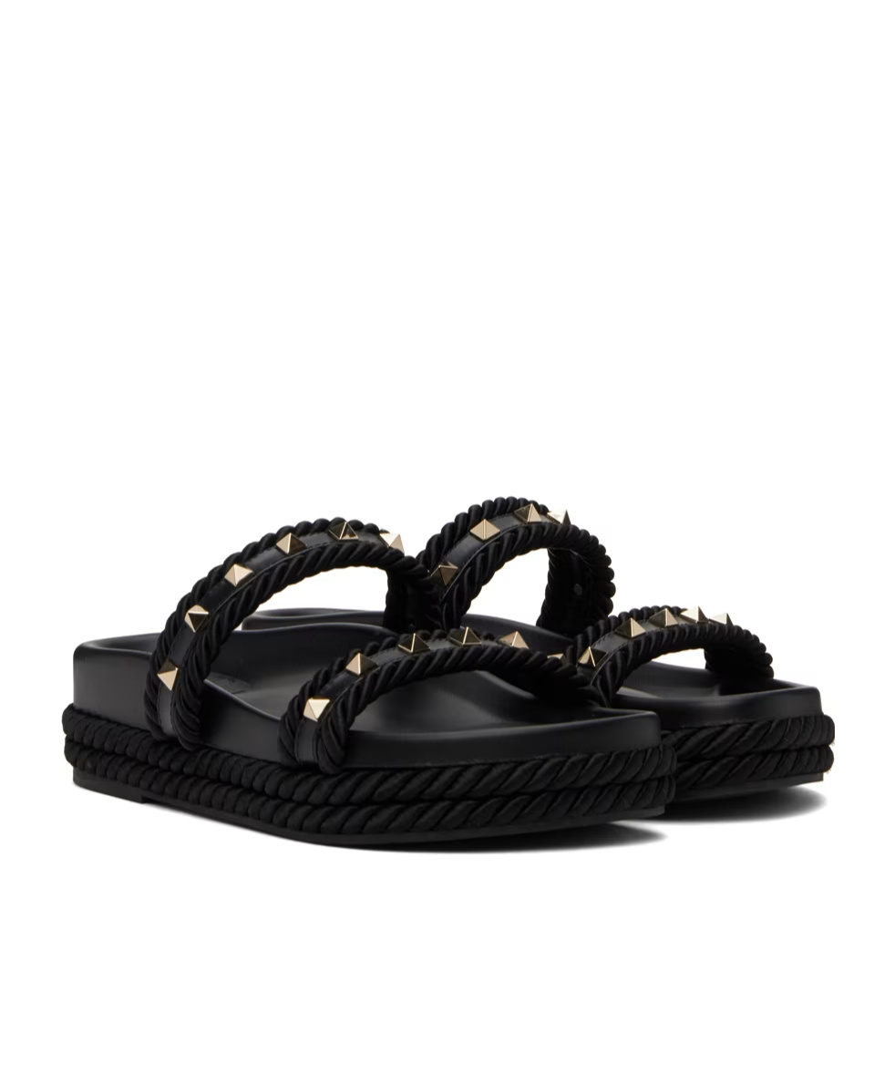 Valentino Womens Black Rockstud Leather Espadrille Sandals In Black