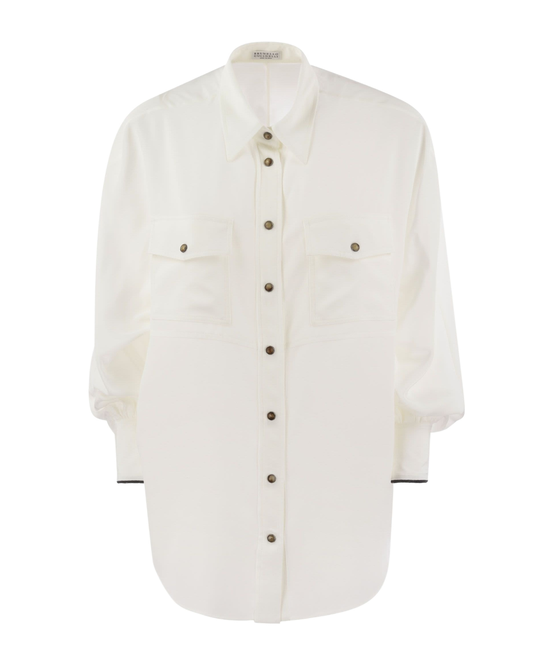Brunello Cucinelli Elegant Silk Snap-front Shirt With Pockets In White