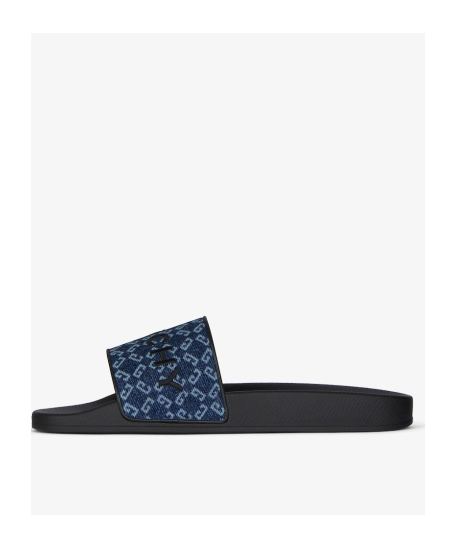 Givenchy Slide Flat Mules In Monogram 72 Denim In Black