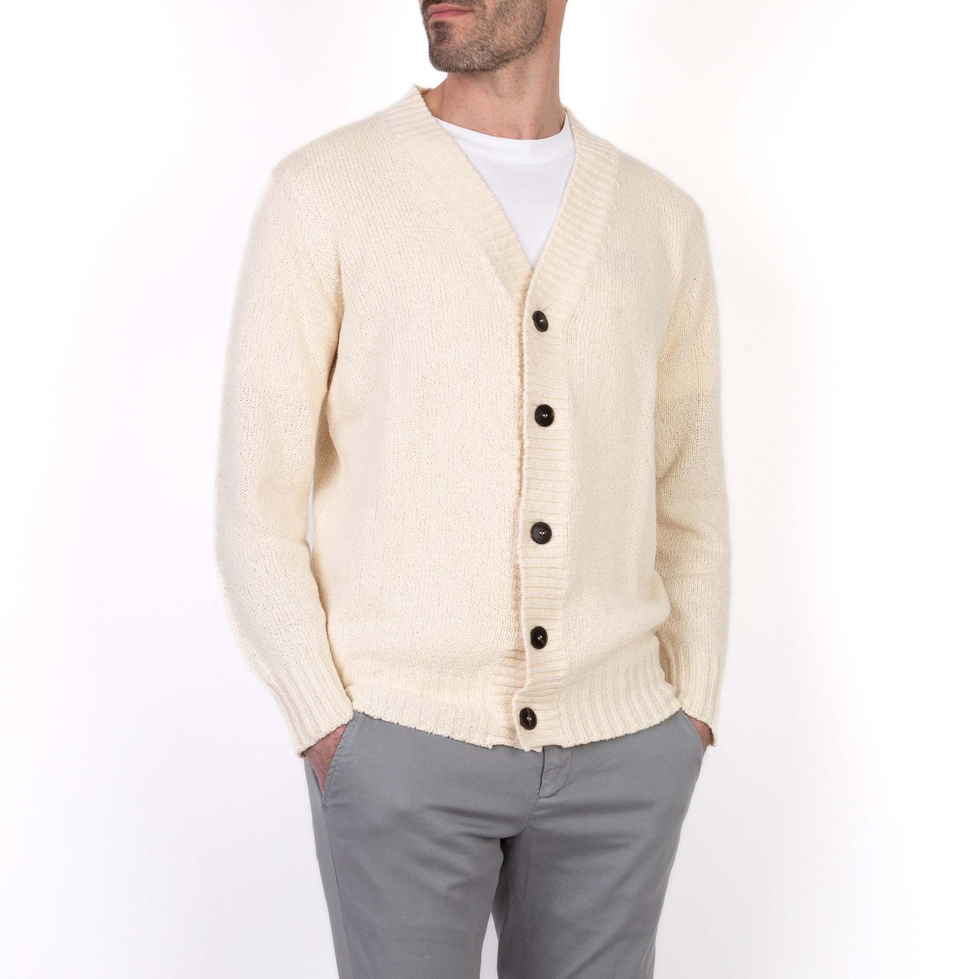 Drumohr Man Cardigan Cream Size 40 Lambswool In White