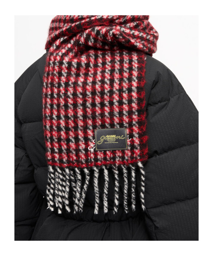Ganni Red Check Fringed Scarf In Brown