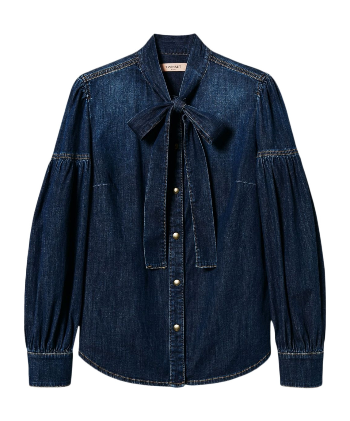 Shop Twinset Pussy-bow Denim Shirt In Black