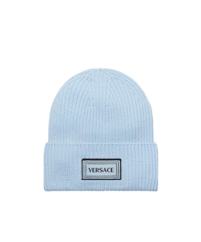 Versace Logo Patch Beanie In Blue