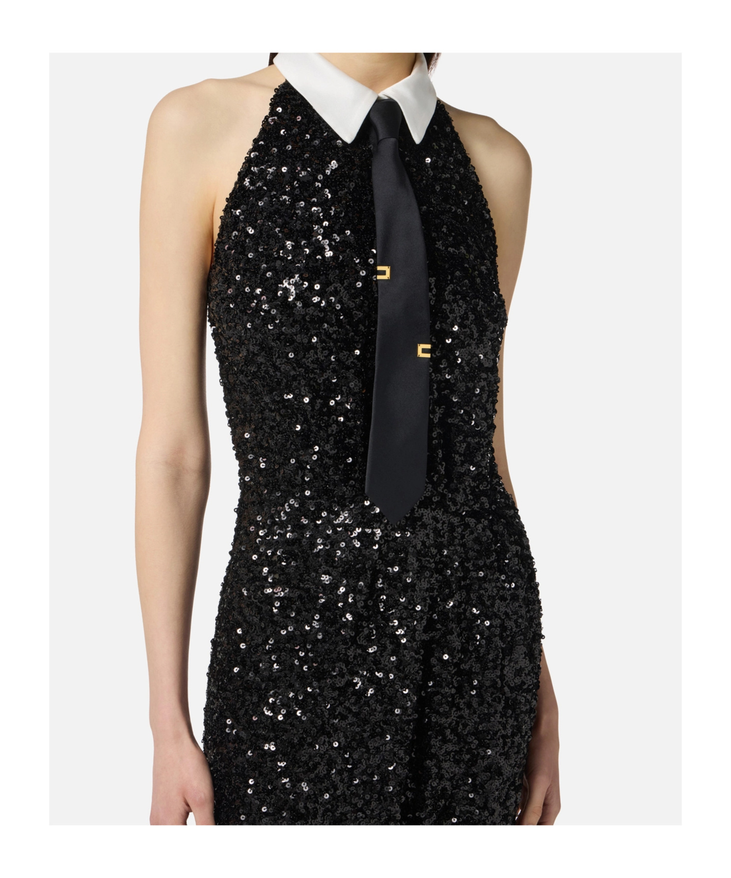 Elisabetta Franchi Red Carpet Sequin Dress With Tie In Black