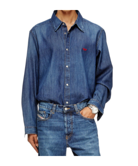 Diesel Denim Shirt With Embroidered Logo In Blue