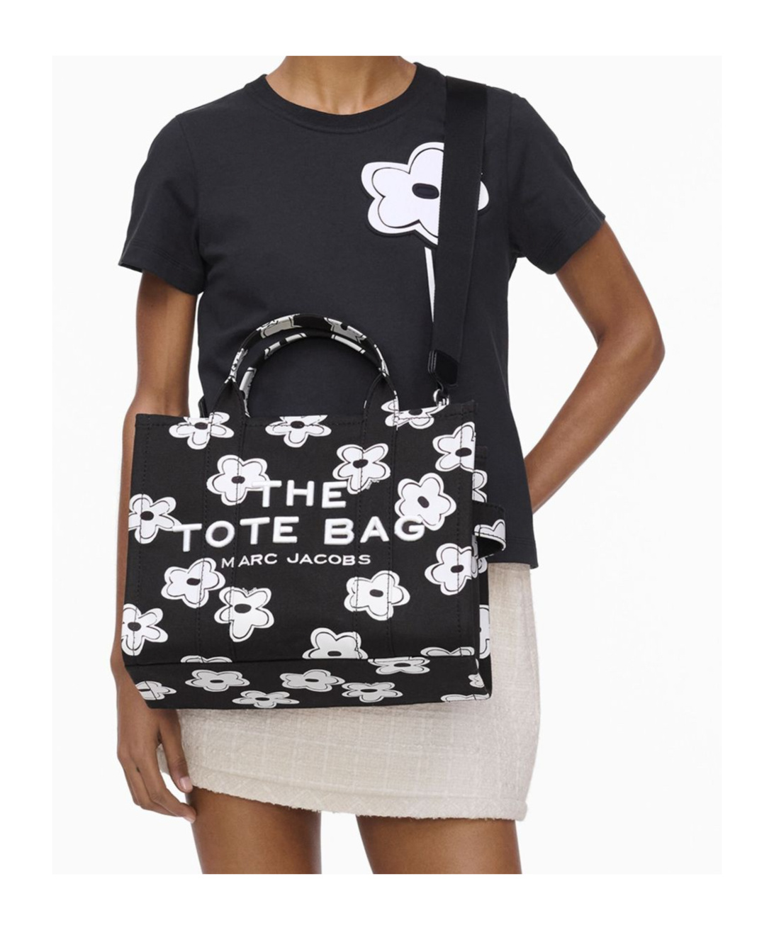 Marc Jacobs 'the Medium Tote' Black Handbag With Logo Lettering On The Front And All-over Floral Print In Black
