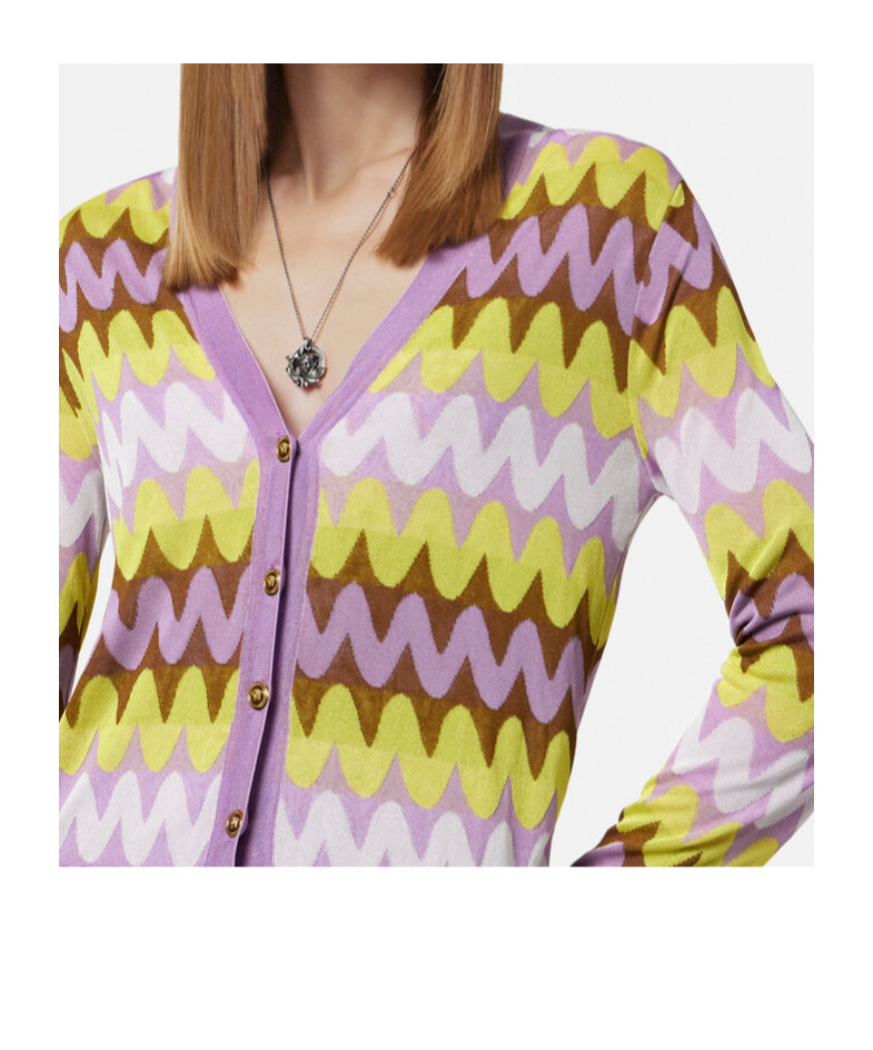 Versace Multicolor Wave Jacquard Knit Cardigan In Purple