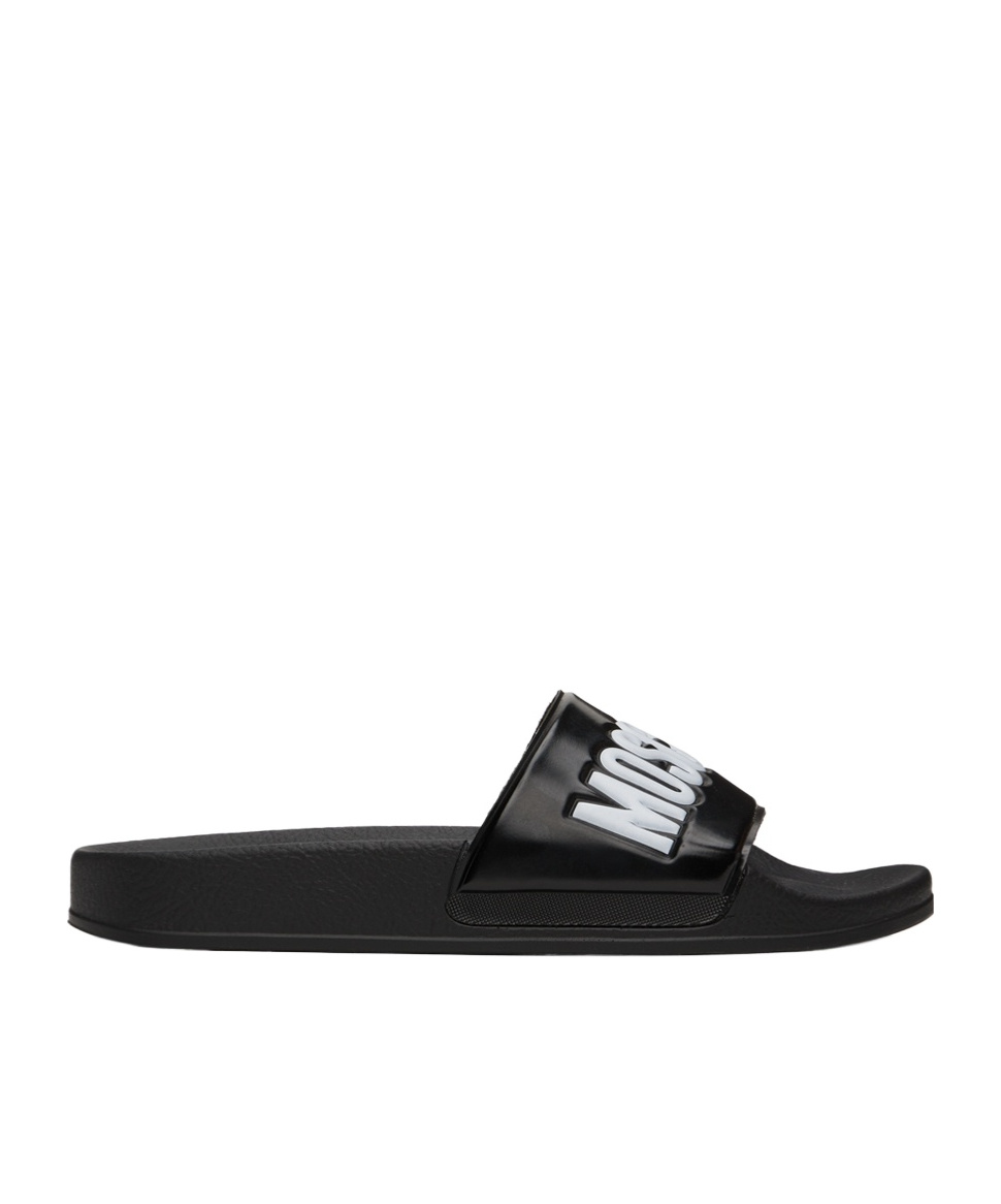 Shop Moschino Front Logo Slippers In Black