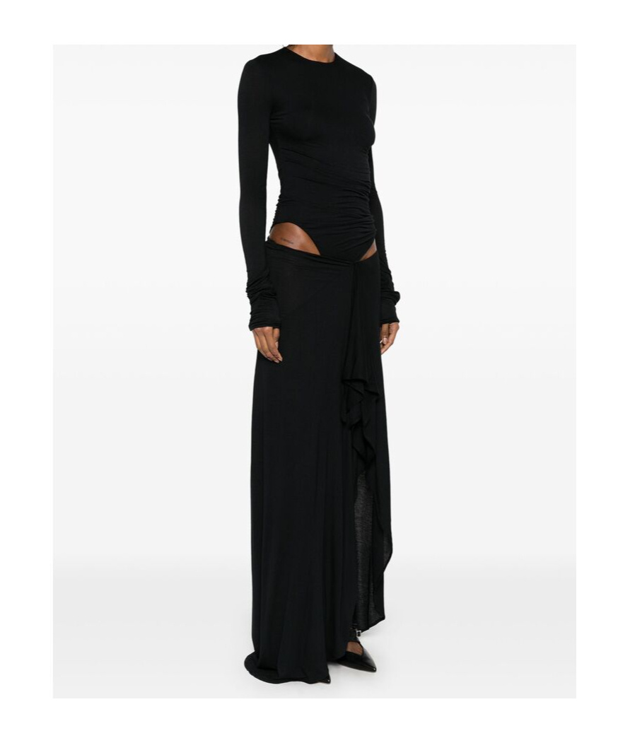 Attico Long Draped Jersey Dress With Pleats In Black