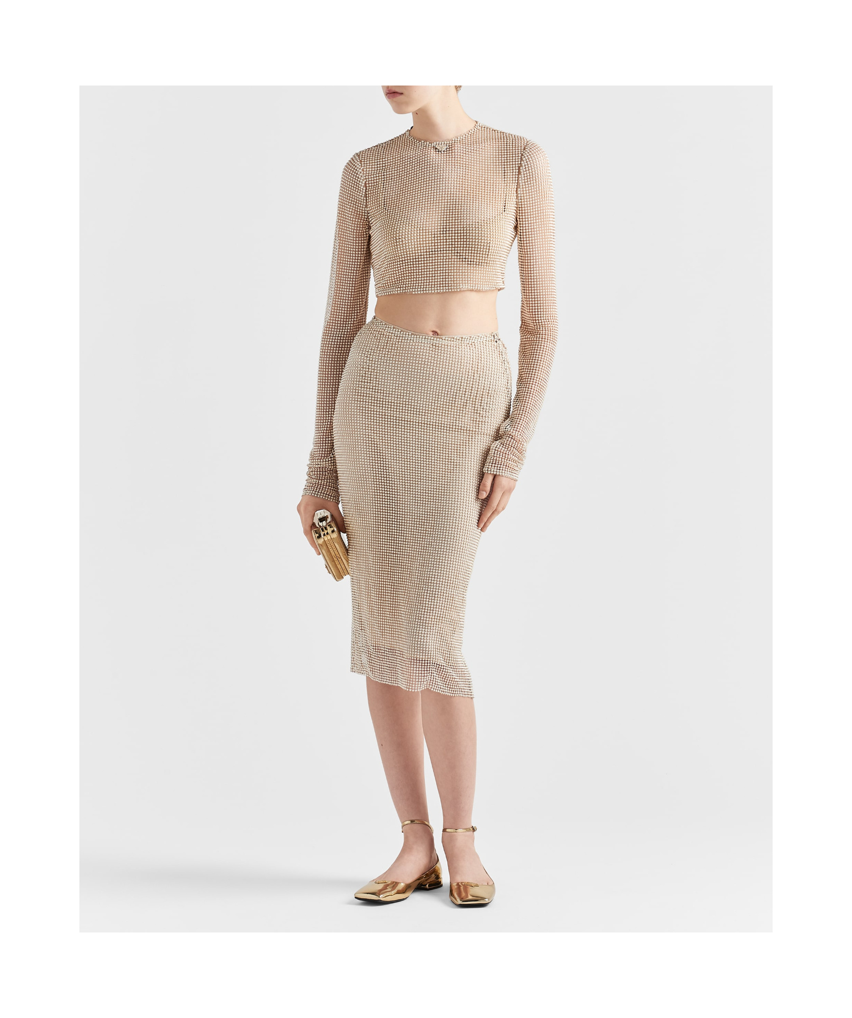 Prada Mesh Top With Embroidered Pearls In Ivory