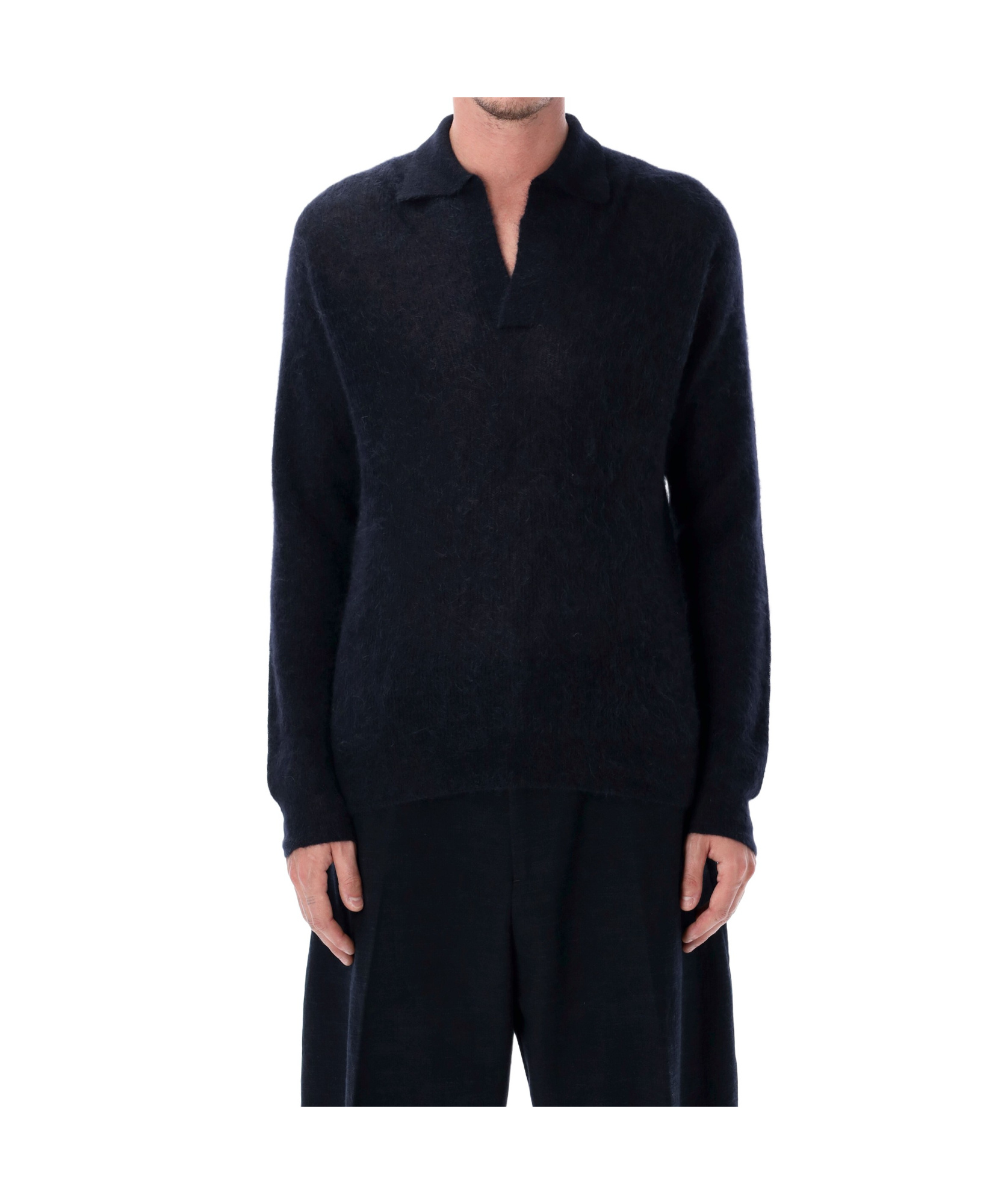 Auralee Sheer Knit Skipper Polo In Blue