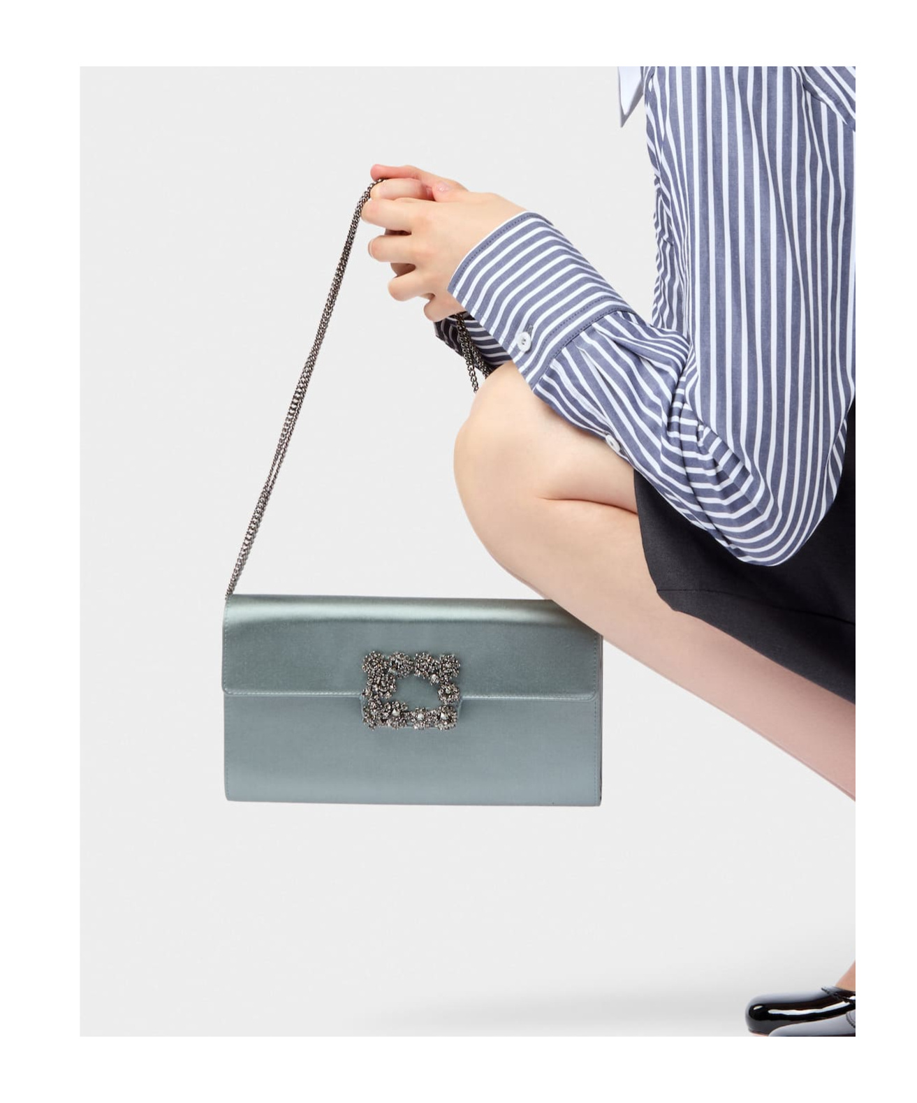 Roger Vivier Flower Buckle Envelope Flap Satin Clutch Bag In Gray