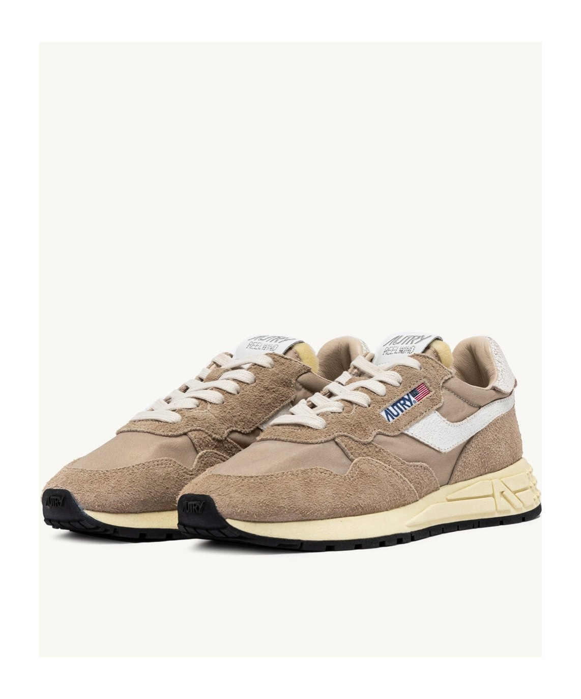 Autry Reelwind Low Nylon And Leather Craquele Pepper And White Sneakers In Nude