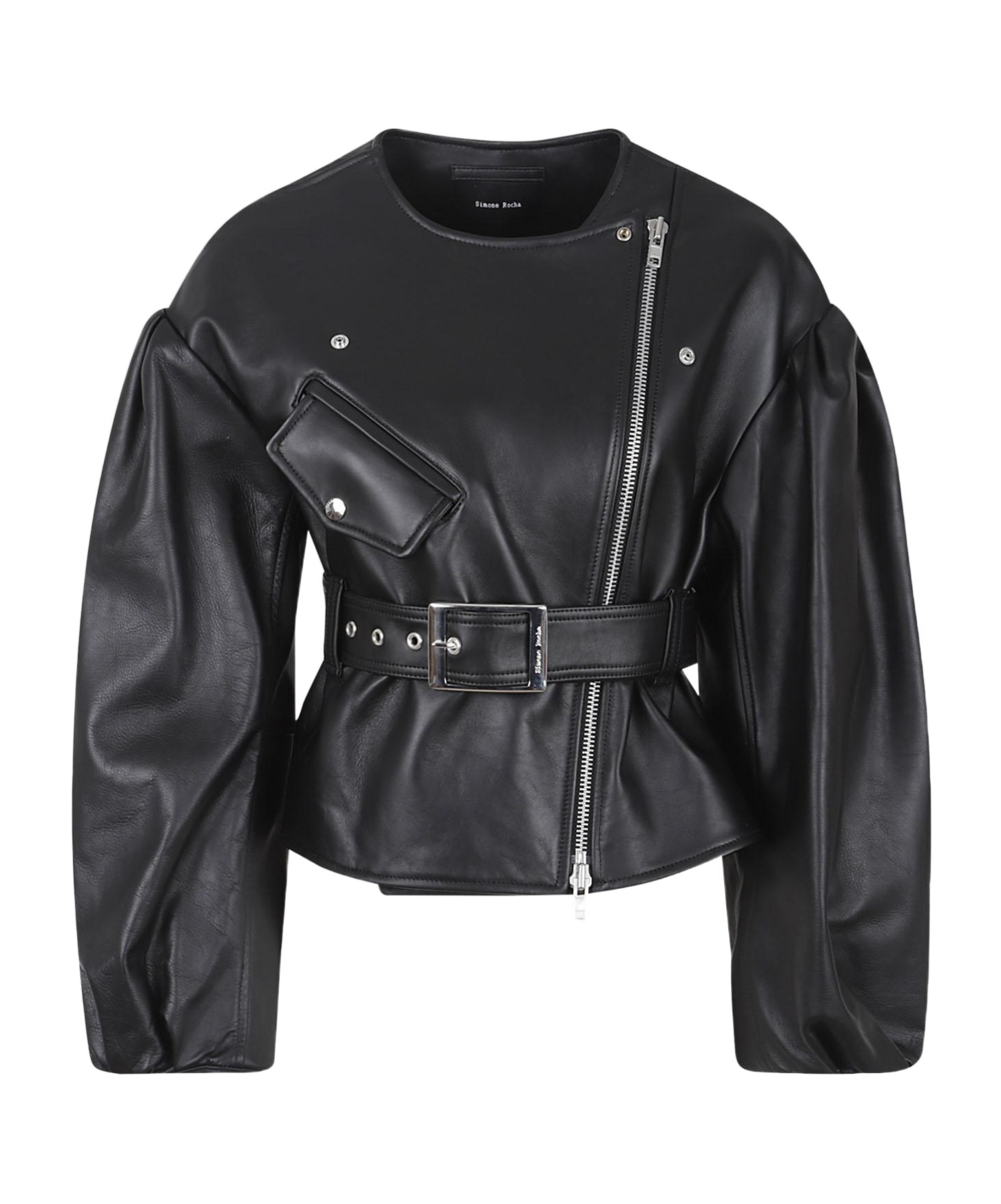 Simone Rocha Cropped Sculpted Belt Detail Biker Jacket In Black