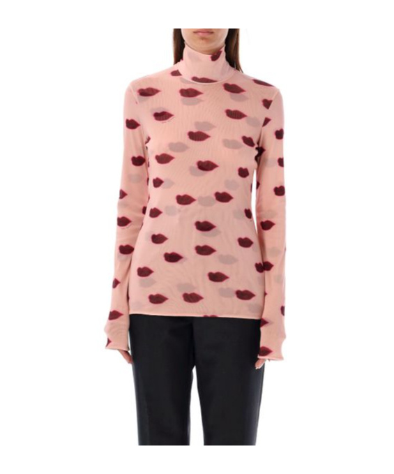 Stella Mccartney Long-sleeve Lips Print Turtleneck Top In Pink