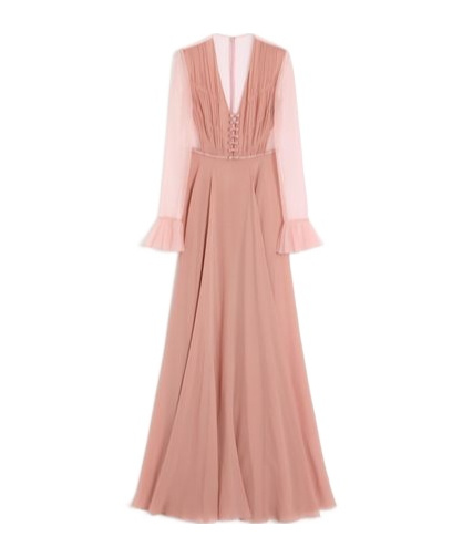 Valentino Womens Pastel Rose Shirred-bodice Sheer-sleeve Silk Gown