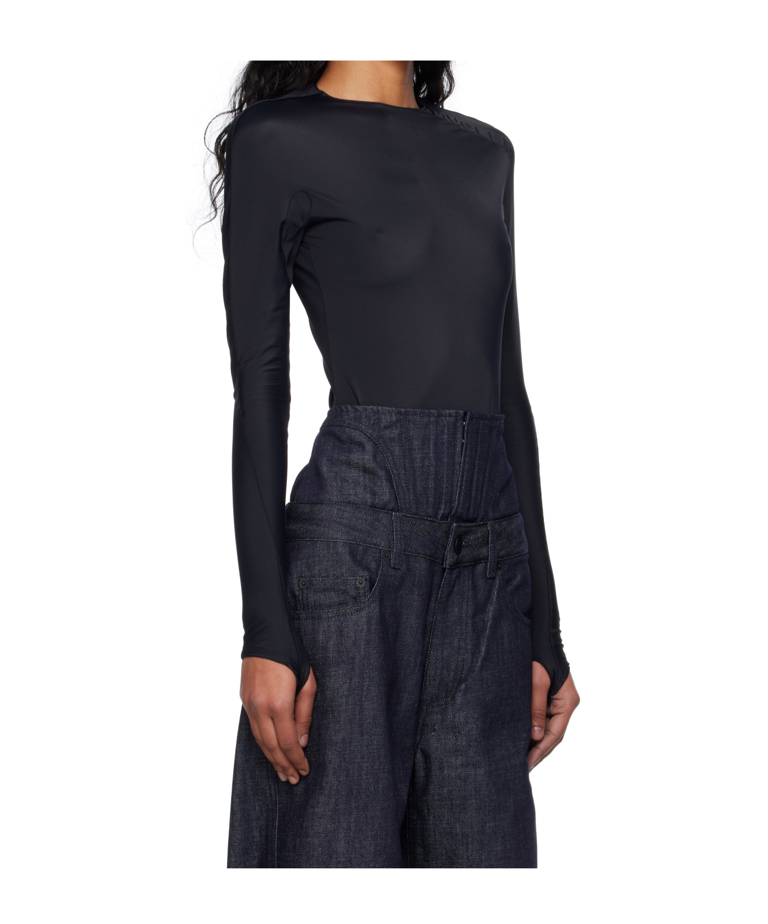 Mugler Logo-embossed Long-sleeved Bodysuit In Black